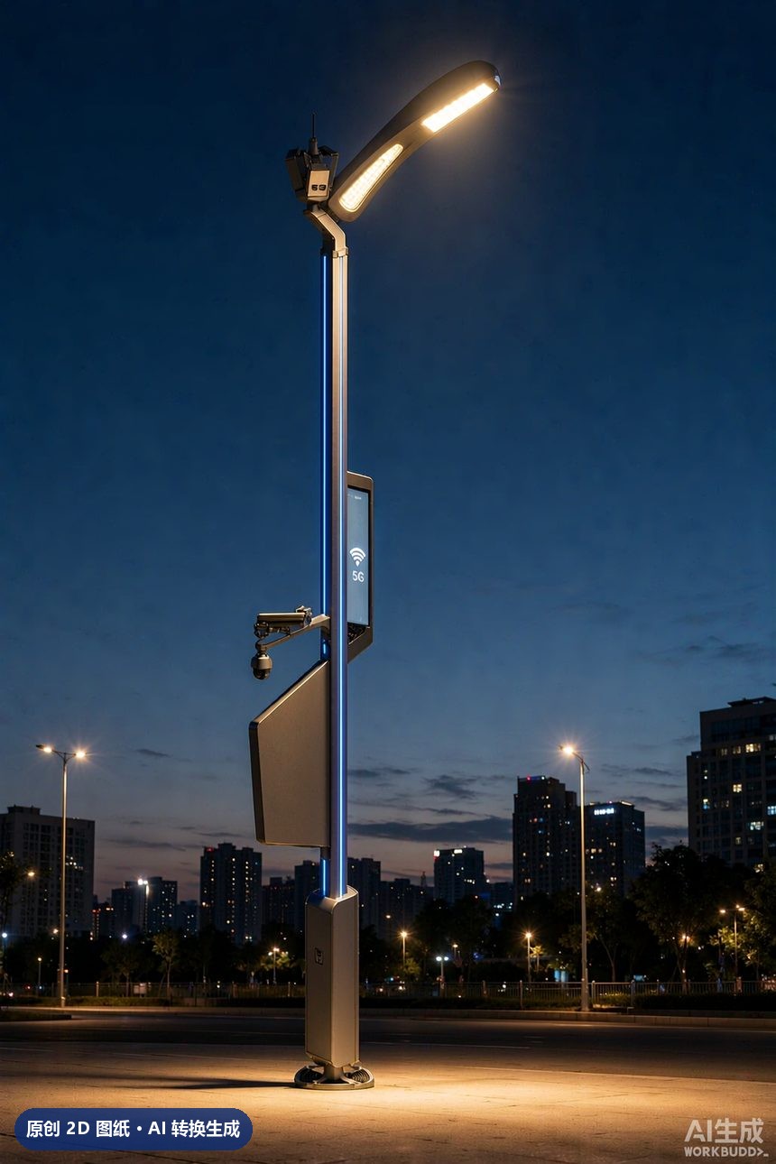 MJZ-ZH-ZD-008 单臂挑臂路灯杆 3D效果图 夜景