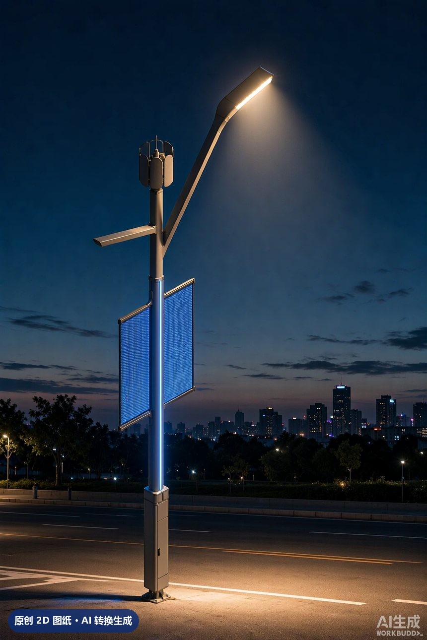 MJZ-ZH-ZD-011 单臂挑臂路灯杆 3D效果图 夜景