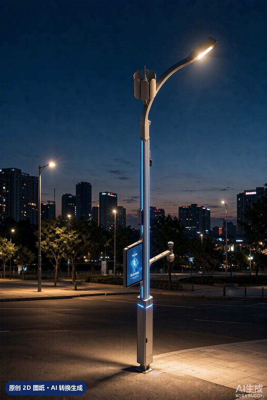 MJZ-ZH-ZD-012 单臂挑臂路灯杆 3D效果图 夜景