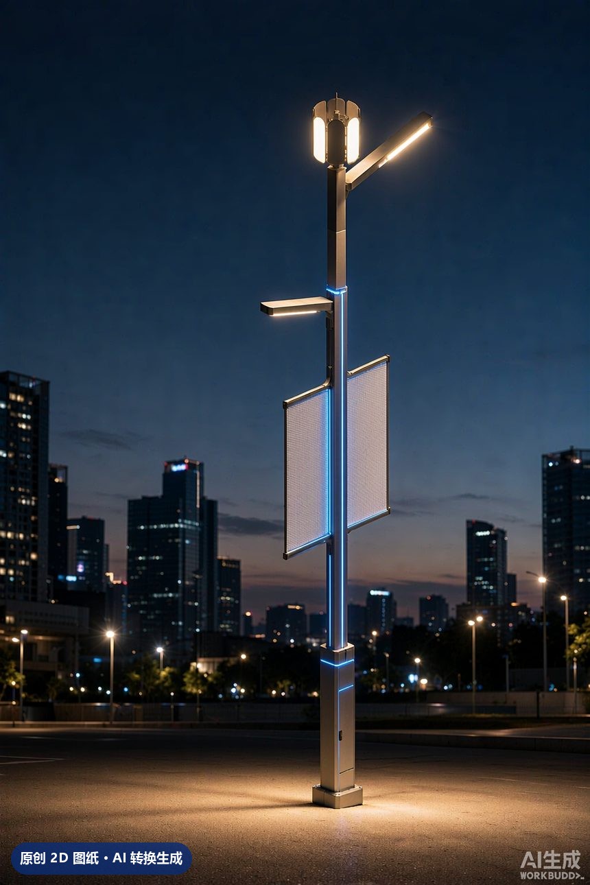 MJZ-ZH-ZT-015 顶部承载式多功能综合杆 3D效果图 夜景